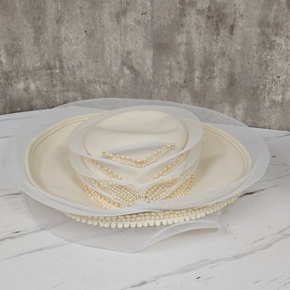 Vintage Church Hat Cream Formal‎ Dress Hat Pearl Beaded Wedding Party - Picture 2 of 13